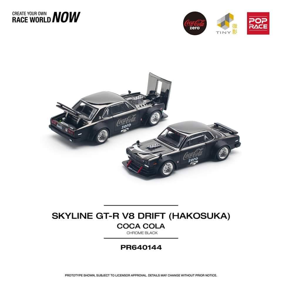 POPRACE 1/64 SKYLINE GTR V8 DRIFT (HAKOSUKA) COCA COLA ZERO CHROME BLACK