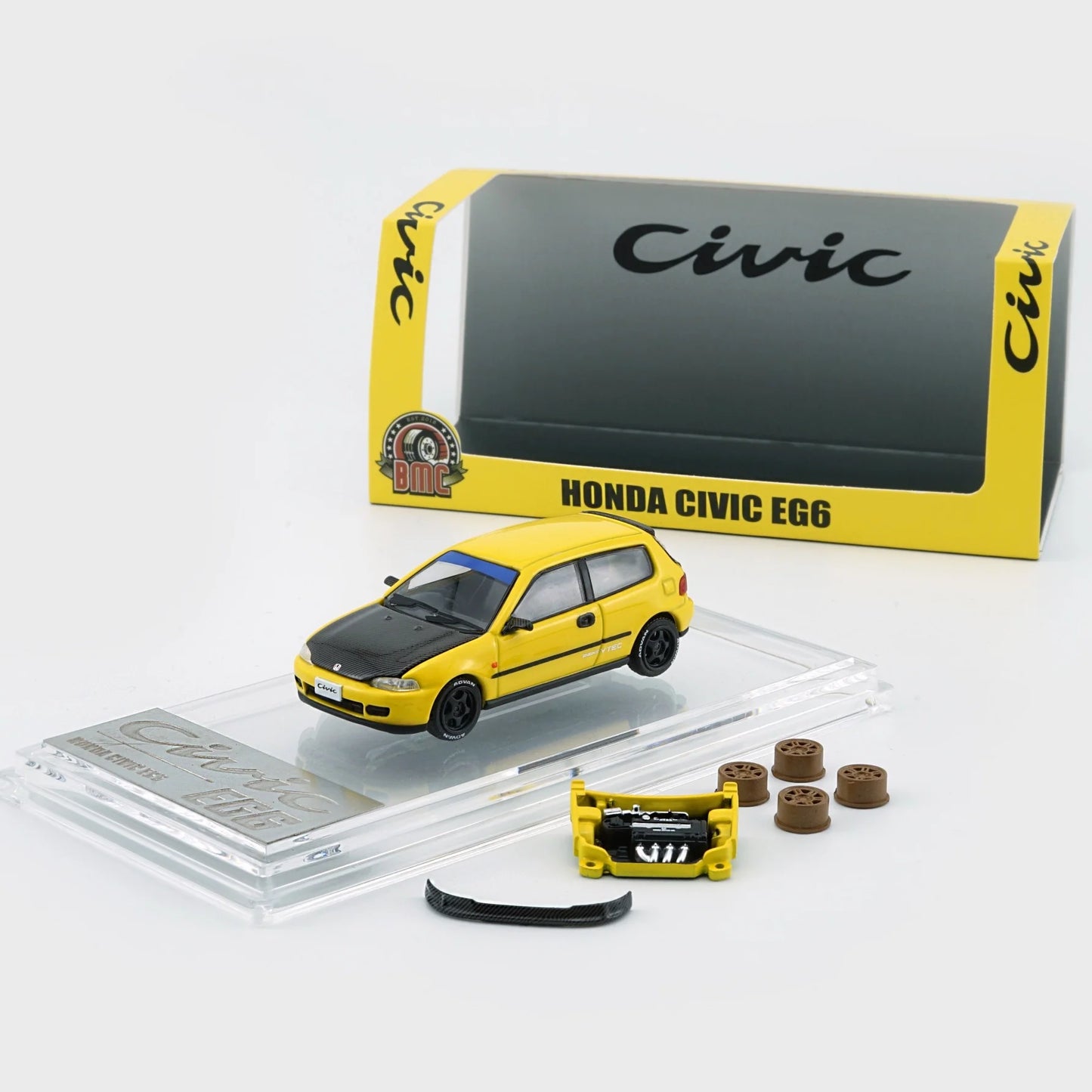 BM Creations 1/64 Honda EG6 - Yellow Carbon Bonnet RHD TAS HK 2025 Limited Version