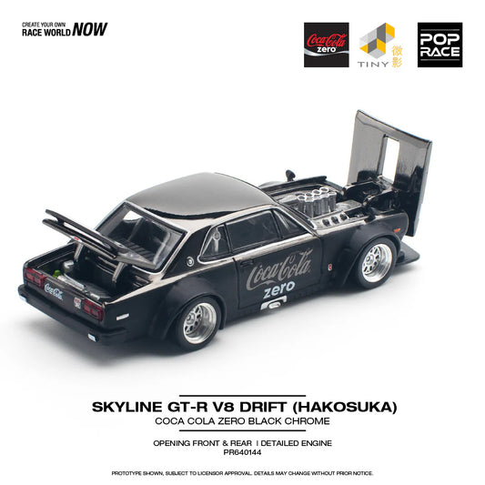 POPRACE 1/64 SKYLINE GTR V8 DRIFT (HAKOSUKA) COCA COLA ZERO CHROME BLACK