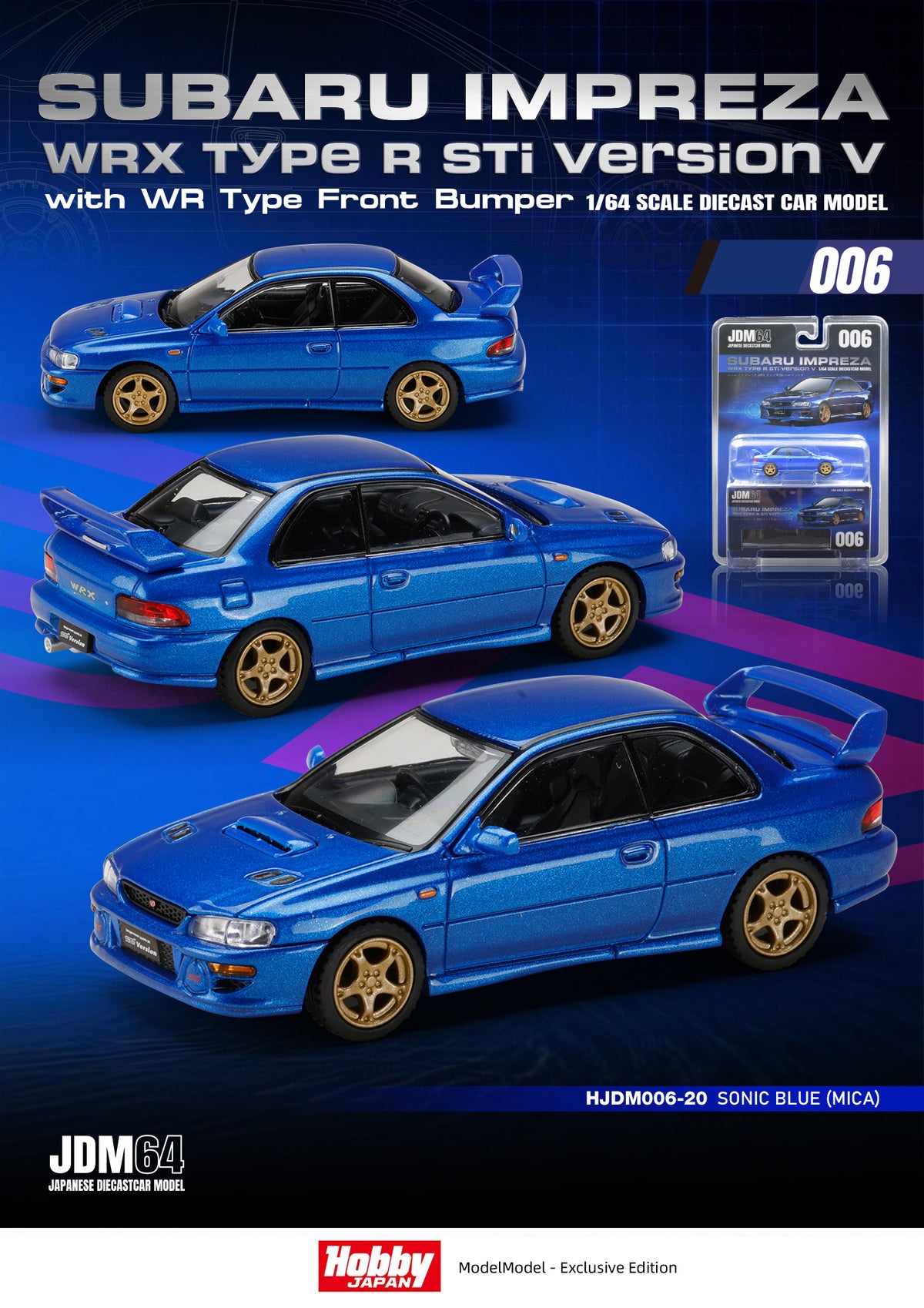 HOBBY JAPAN JDM64 1/64 Subaru Impreza WRX type R Sti Version with WR Type Front Bumper - SONIC BLUE (MICA) HJDM006-20