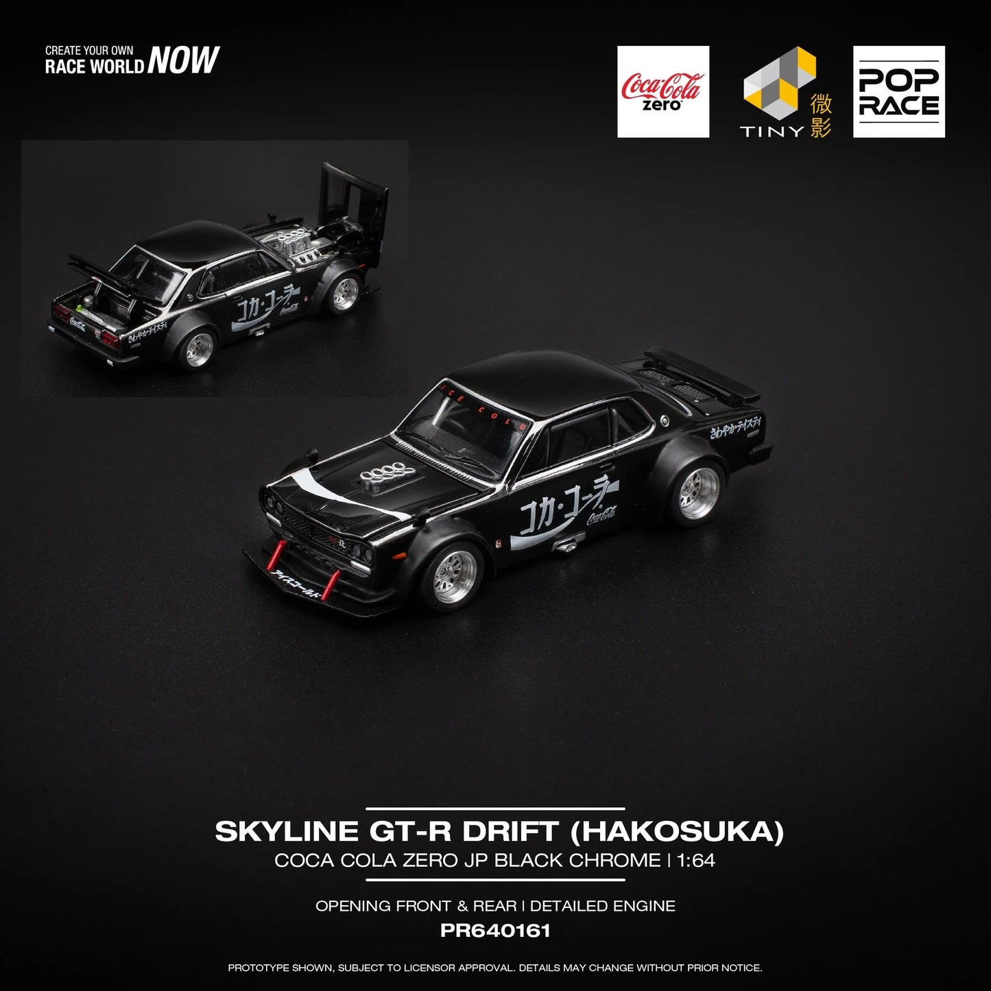 PREORDER POPRACE 1/64 SKYLINE GT-R DRIFT (HAKOSUKA) - COCA COLA ZERO JP BLACK CHROME PR640161