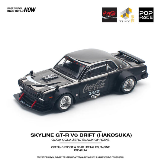 POPRACE 1/64 SKYLINE GTR V8 DRIFT (HAKOSUKA) COCA COLA ZERO CHROME BLACK