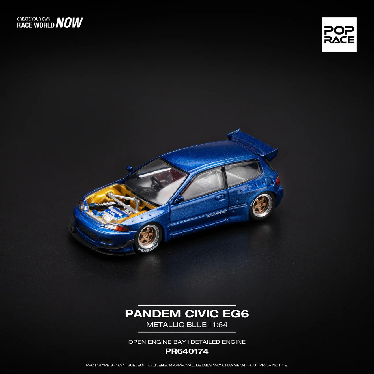 POPRACE 1/64 PANDEM CIVIC EG6 METALLIC BLUE WITH OPEN HOOD PR640174