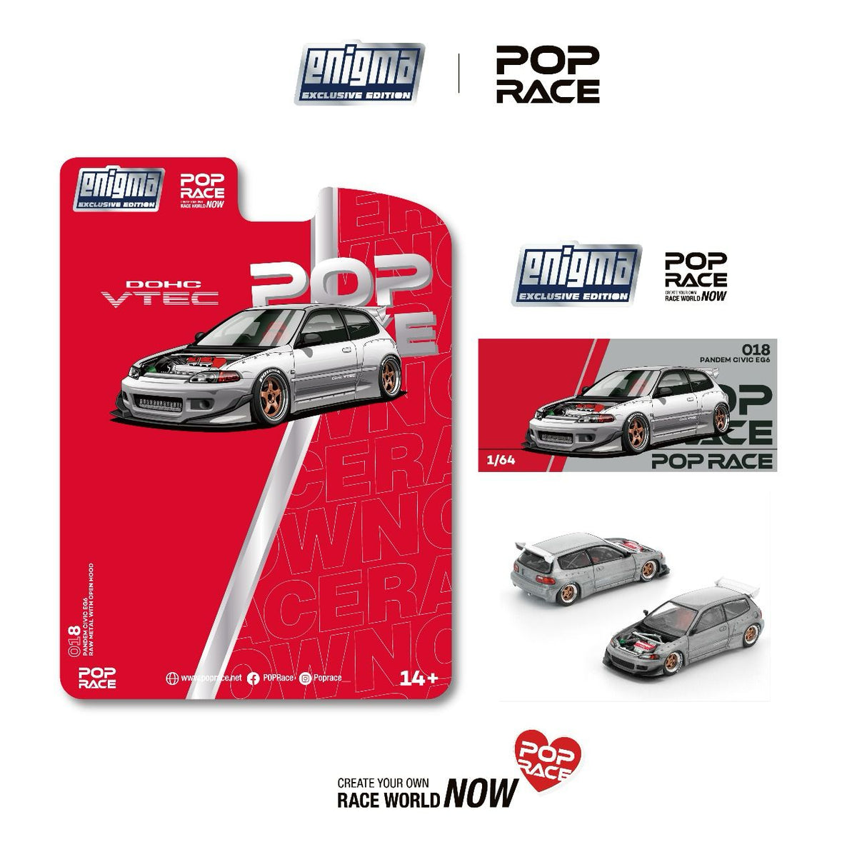 POPRACE 1/64 PANDEM CIVIC EG6 RAW METAL (enigma exclusive edition) PRE018