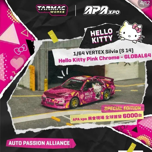 TARMAC WORKS 1/64 VERTEX Silvia (S14) Hello Kitty Pink Chrome APA XPO 2025 event model T64G-018-HK2